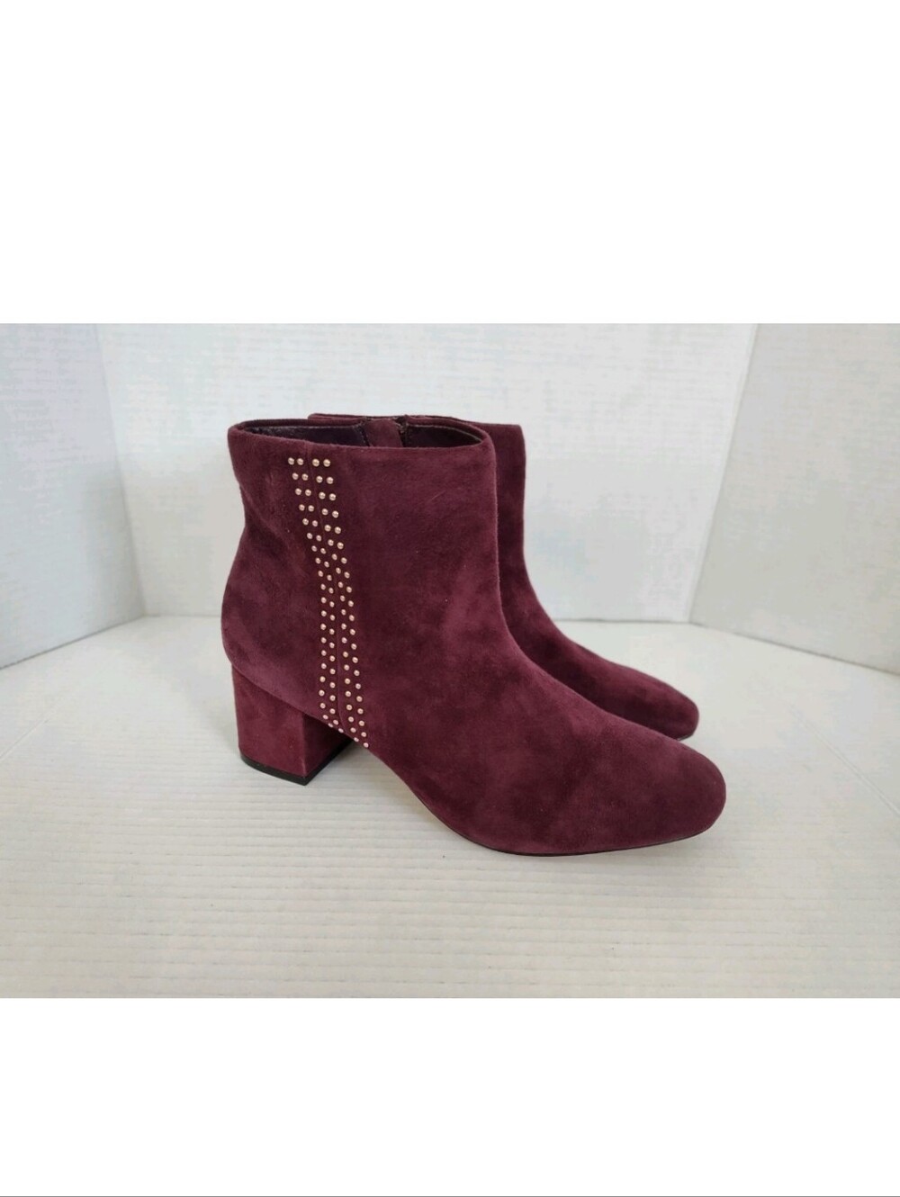 White House Black Market Burgundy Suede Ankle Boots Size 9.5 Studs Block Heel